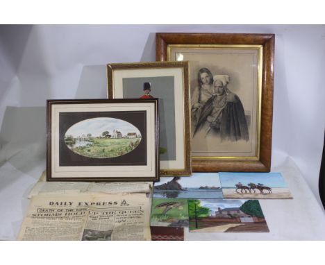 Three framed pictures, four oil on canvas paintings, and a collection of vintage newspapers. Lot includes a watercolour paint