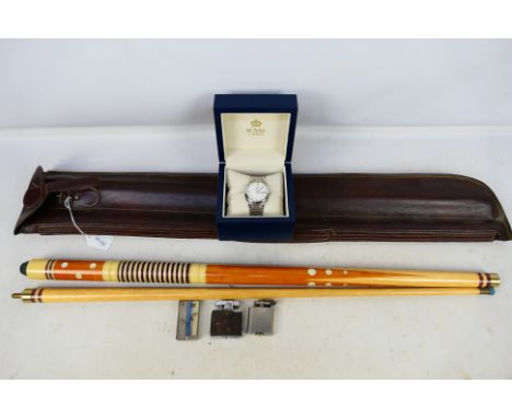 Lot to include vintage cigarette lighters, cased pool cue and a boxed Royal London wrist watch. [2]. [W]

PLEASE NOTE: ALL LO