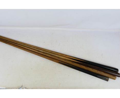 Four vintage snooker cues, largest approximately 148 cm (l). [W]

PLEASE NOTE: ALL LOTS NEED TO BE COLLECTED OR DESPACTHED BY