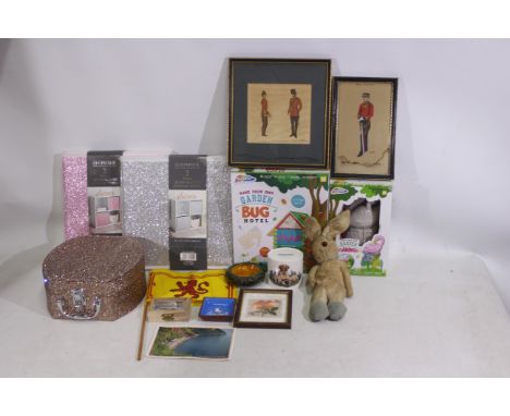 A vintage straw filled rabbit with metal joints, plastic eye. A small glazed ceramic vase with the writing to the side '6th D