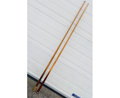 Two vintage snooker cues, one with maker's plaque Clare Padmore Thurston, largest approximately 147 cm (l). [2]. [W]

PLEASE 