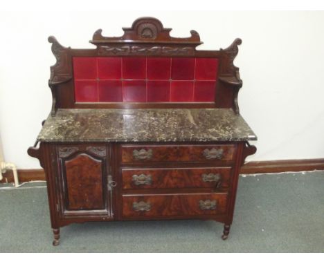 Edwardian Walnut and French walnut veneer panel three piece bedroom suit . Tile back wash stand , dressing chest and wardrobe