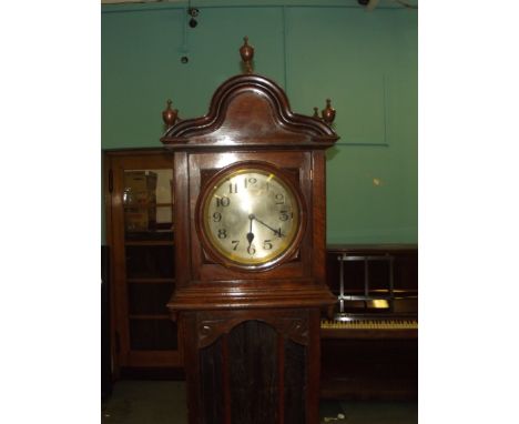 Oak case Edwardian hall clock , circular silverd dial , 3 trains , brass weights , convex glass to face door , glass trunk do