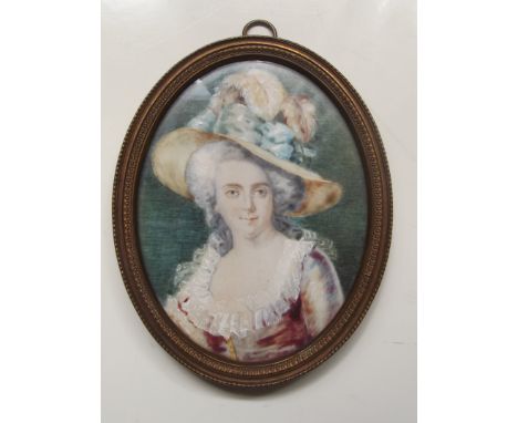 Miniature portrait on ivory , Duchess of Devonshire after Thomas Gainsborough , 3 cm x 4 cm