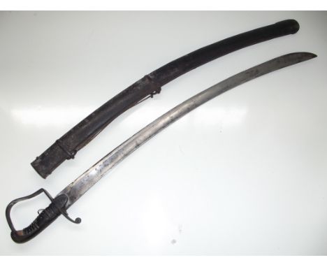 1796 pattern light cavalry Sabre with stirrup hilt complete with scabbard (pitting to hilt and scabbard) Crowned 11 mark, pos