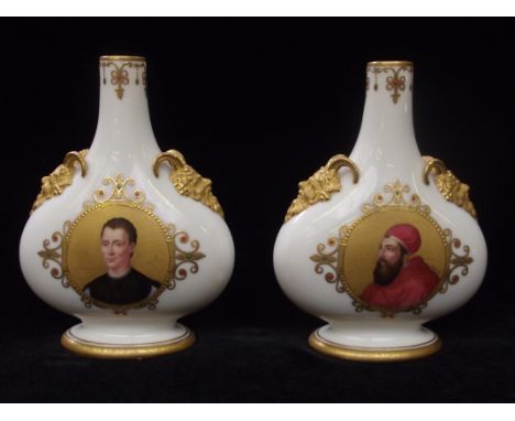 Pair of Kerr & Binns Worcester pilgrim flasks, hand painted with portraits of Pope Clement VII and Niccolo Maciavelli, height