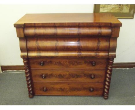 Victorian mahogany Scotch chest of drawers, with exposed barley twist columns, bonnet and lintel drawers, Mother of pearl inl