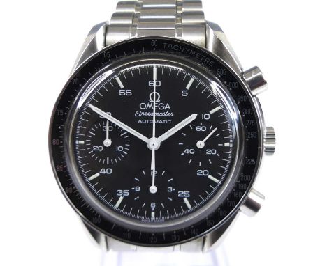 An Omega Speedmaster gent's steel cased automatic chronograph wristwatch, having a signed black dial with luminous baton mark