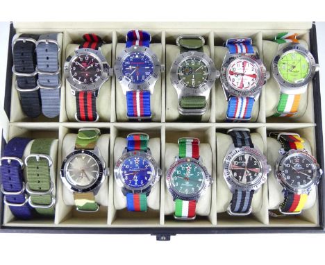 A collection of Vostock Amphibia and Komandirskie steel cased automatic Russian military wristwatches, to include 'Airborne P