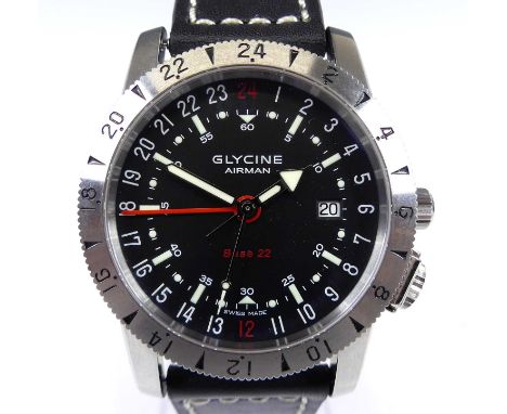 A Glycine Airman Base 22 gent's steel cased automatic wristwatch, ref. 3887, the signed black dial with luminous baton marker