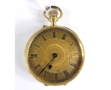 A gent's French 18ct gold cased pocket watch, the case with all-over engine turned and finely engraved leaf and flower decora