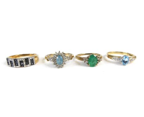 Four various 9ct gold precious and semi-precious set dress rings, to include sapphire and diamond point Greek Key design half