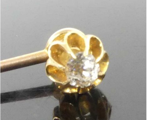 A yellow metal diamond stick pin, featuring an Old European cut diamond in a claw setting, diamond dimensions approx 3.98 x 3