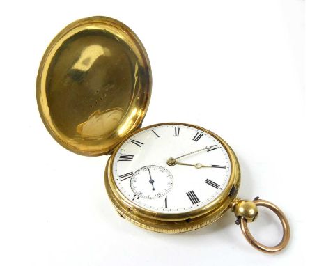 An 18ct yellow gold full hunter keywind pocket watch, having a white Roman dial and subsidiary seconds dial at six within an 