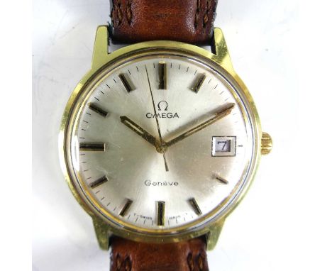 A gent's Omega Geneve gold plated wristwatch, having a signed champagne dial with baton markers, date aperture, manual wind m
