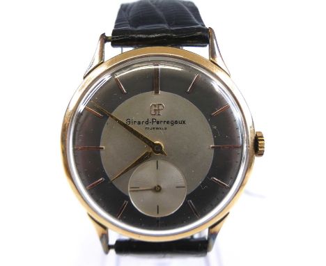 A Girard-Perregaux 18ct gold cased manual wind wristwatch, having a signed two-tone dial with baton markers, subsidiary secon