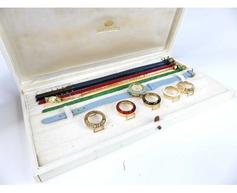 A Bucherer lady's gilt and enamel manual wind cocktail watch, having signed champagne dial with baton markers, dia.20mm, the 
