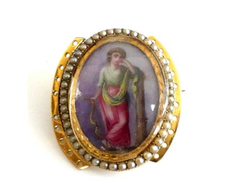 A 19th century continental yellow metal brooch or buckle, of oval form, centre set with a painted portrait miniature on ivory