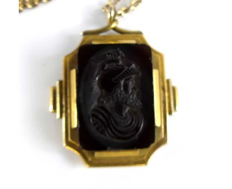 A carved carnelian pendant as a profile portrait of Mars the Roman God of War, 20 x 15mm, in stepped yellow metal mount, unma