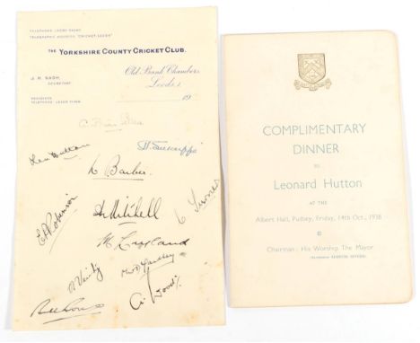 Yorkshire County Cricket Club; Hutton, Len Programme for the Complimentary Dinner to Leonard Hutton in Pudsey, 1938 with a si