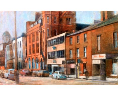 GORDON RADFORD (1936-2015) COLOURED CHALK DRAWING Manchester street scene with parked cars and figures Signed 10½" x 16½" (26