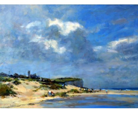 •GORDON RADFORD (1936-2015) OIL PAINTING ON BOARD A plein-air study of a beach scene with figures Signed 17½" x 23¼" (44.5 x 