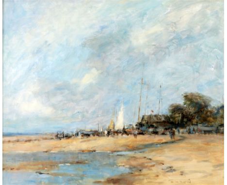 •GORDON RADFORD (1936-2015) OIL PAINTING ON BOARD A plein-air study of a beach scene with figures and beached sailing craft S