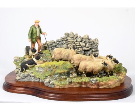 Border Fine Arts 'The Crossing' (Shepherd, sheep and collie), model No. B0013 by Ray Ayres, limited edition 322/1750, on wood
