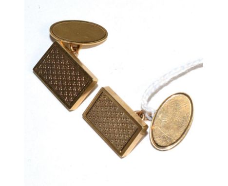 A pair of 9 carat gold cufflinks, rectangular engine turned plaques chain linked to oval backs  10.2g