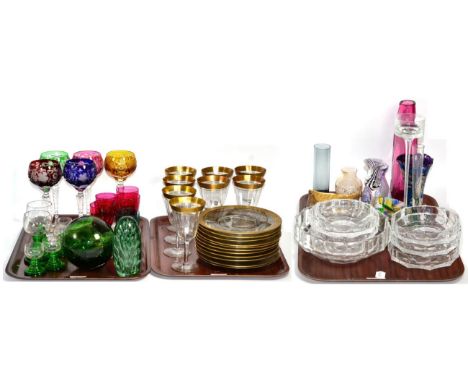 Three trays of various clear and coloured glass including hock glasses, Caithness, Whitefriars, Sunderland dump paperweight, 