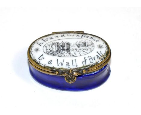 A Georgian enamel patch box ''Alound Confience is a wall of brals'' (a.f.) 