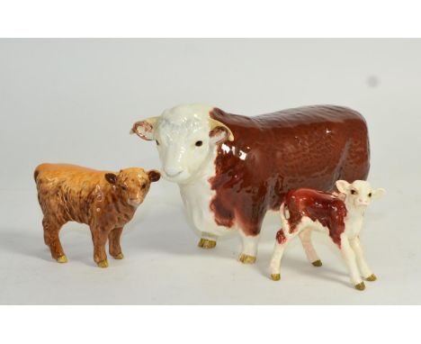 Beswick Cattle Comprising: Hereford Bull, First Version, model No. 1363A and Hereford Calf, model no. 1406B, both brown and w