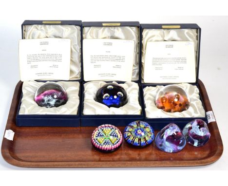 Three limited edition cased Caithness paperweights with certificates, two Perthshire paperweights and two other glass paperwe