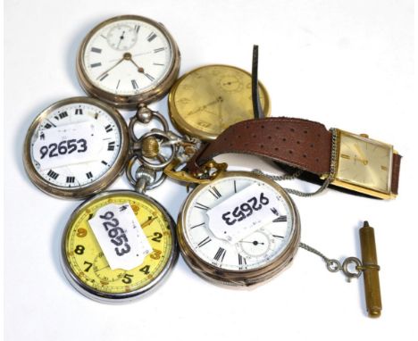 Three silver pocket watches military pocket watch signed Jaeger le Coultre, case stamped GSTP, gold filled pocket watch and a