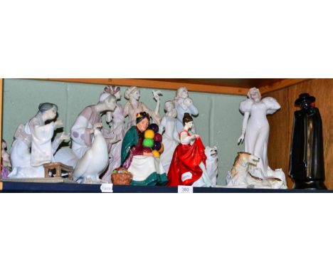 A quantity of figures including Royal Doulton, Lladro, Wedgwood, Capodimonte, etc and a Russian model of a dog