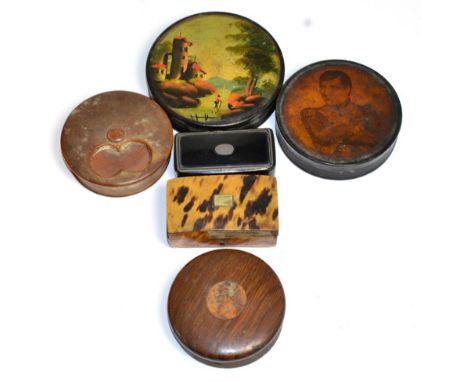 Two 19th century papier mache snuff boxes with painted and printed decoration, two others, tortoiseshell mounted small hinged