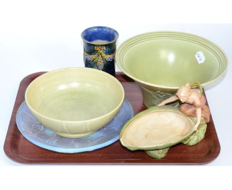 A Royal Dux figural dish, two Susie Cooper bowls (one a.f.), a Royal Doulton vases and an opalescent dish 
