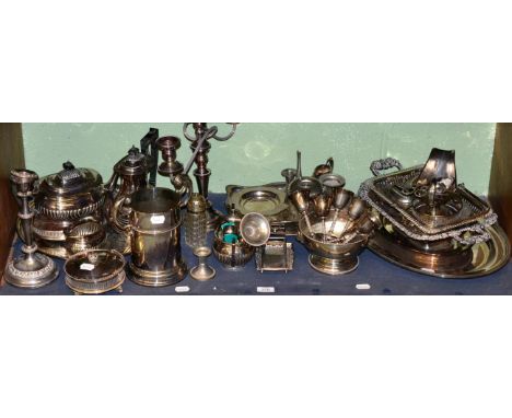 Silver plated wares including three piece tea service, twin handled bottle holder, trays etc 