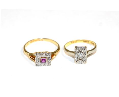 An 18 carat gold ruby and diamond cluster ring, a square cut ruby in a milgrain setting, within a diamond set square border, 