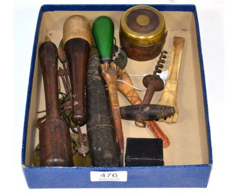 Set of steel and brass apothecary scales, travelling lighter in leather case, brass and leather mounted inkwell, corkscrew wi