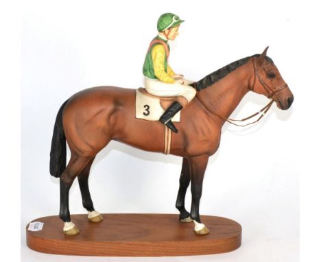 Beswick Connoisseur Horse Nijinksy - Lester Piggott Up, model No. 2352, bay matt, on wooden plinthReins dry and loose from ha