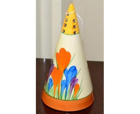 A Clarice Cliff Bizarre ware Crocus pattern sifter of conical formOriginal stopper lacking and with a very minor hairline cra