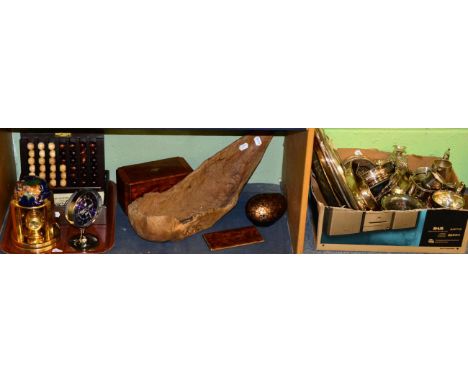 A 19th century burr walnut tea caddy, a gilt metal and hard stone table globe, a Remy Martin table game, a root wood dish and