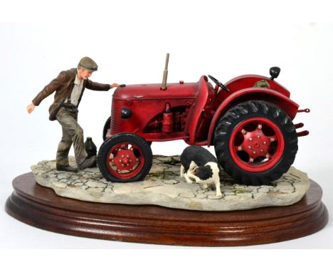 Border Fine Arts 'Kick Start' (David Brown Cropmaster Tractor, Farmer and Collie), model No. B0541 by Ray Ayres, on wood base