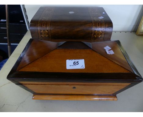 A 19th Century sarcophagus formed satinwood and rosewood tea caddy together with a further Victorian walnut and inlaid sewing