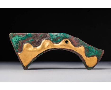 Ca. 3000 - 2000 BC.A ceremonial bronze axe head with a gold inlay panel along the bottom edge featuring five rounded peaks. T