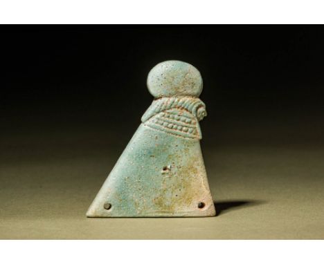 Late period, Ca. 664 – 332 BC.An Egyptian faience plaquette representing the god Horus in profile, surmounted a the disc repr