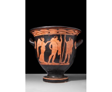 Ca. 420-380 BC.A late Attic bell-shaped krater featuring two main decorations. On side A, two soldiers are depicted in heroic
