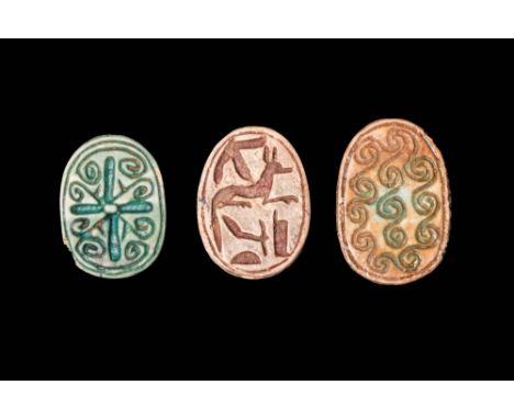 Late Middle Kingdom to New Kingdom or later, Ca. 1850 - 800 BC.A collection of three scarabs crafted from steatite and glazed
