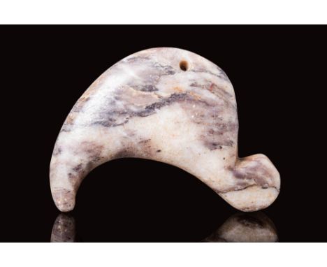 Ca. 40000 - 10000 BC.A Prehistoric stone amulet with a crescent shaped body and a horizontal drilled hole.Size: 45mm x 35mm; 